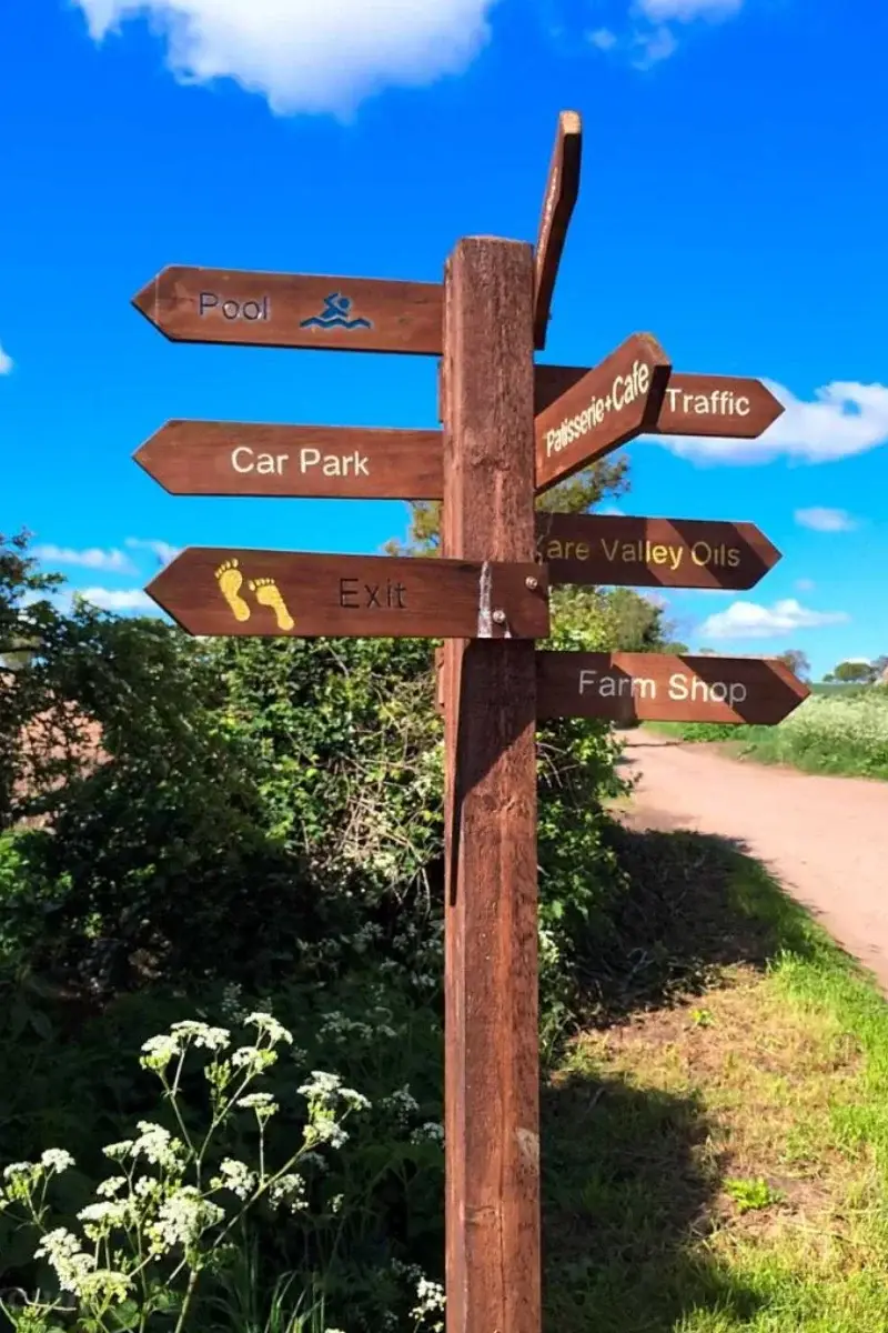 Wooden signpost at Yare Valley Farm pointing towards the pool, car park, farm shop, Yare Valley Oils, café and exit.