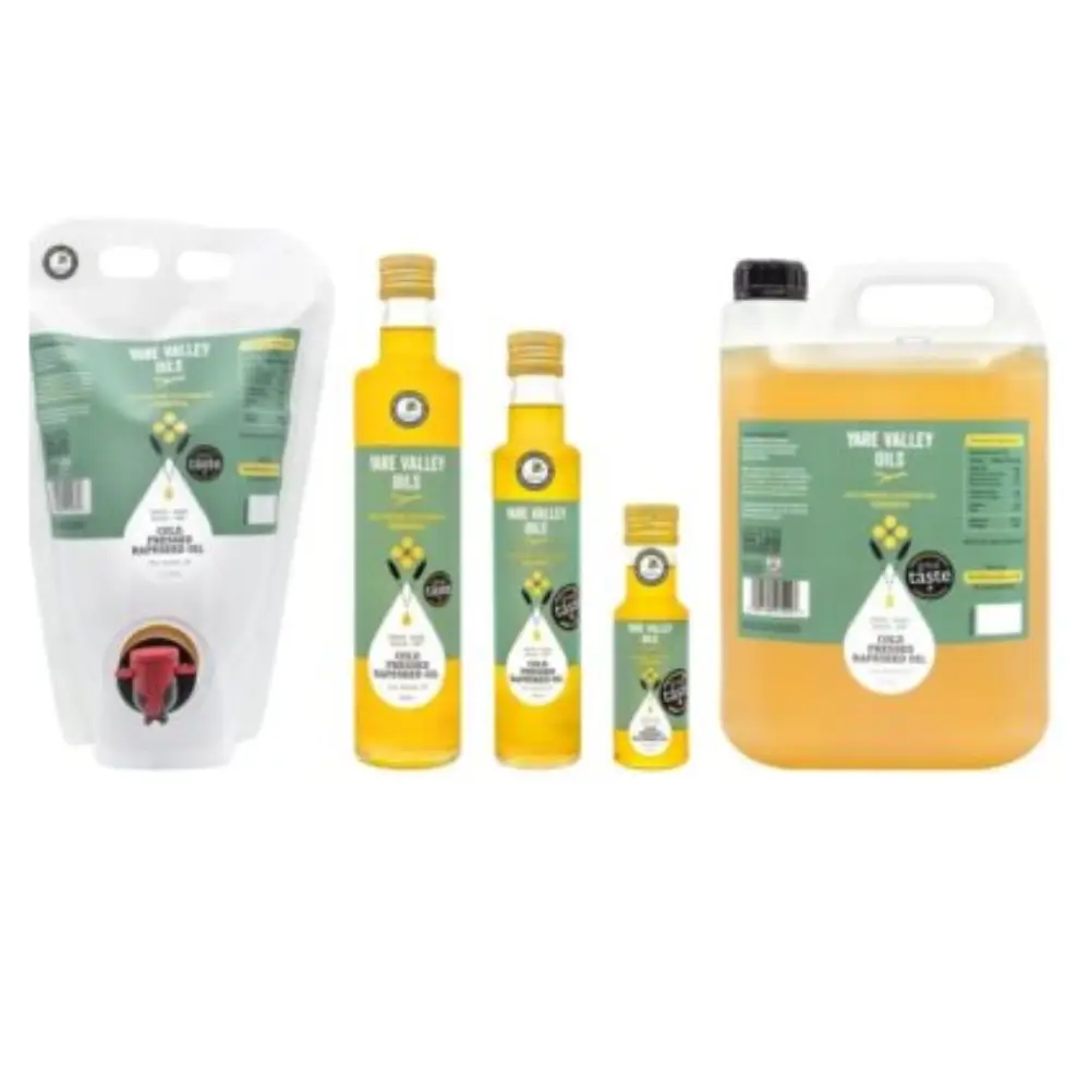 Yare Valley original cold pressed rapeseed oil shown in refill pouch, glass bottles, mini bottle and large catering container.
