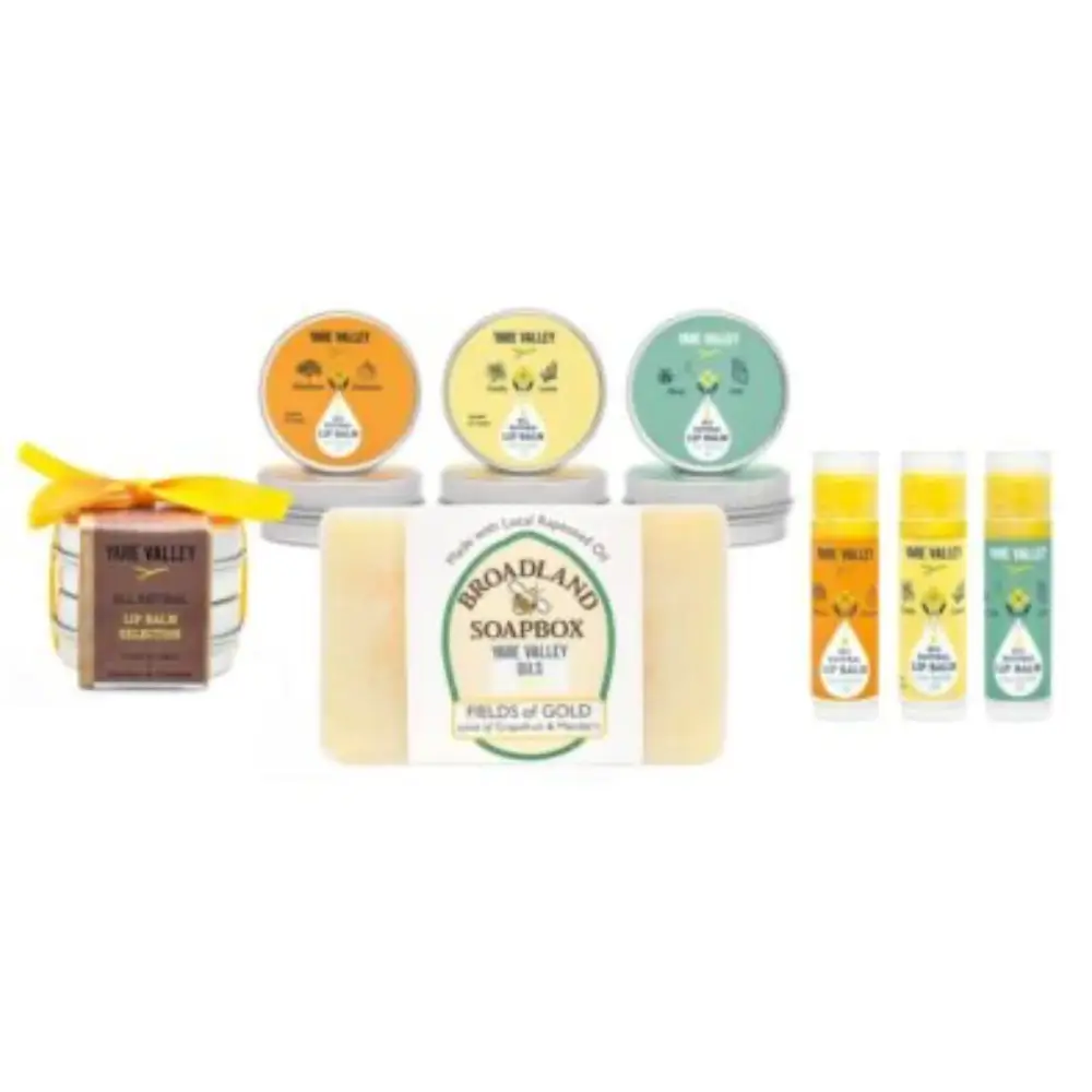 Yare Valley gift set featuring lip balm, soap, wax melts and three lip salves made with cold pressed rapeseed oil.
