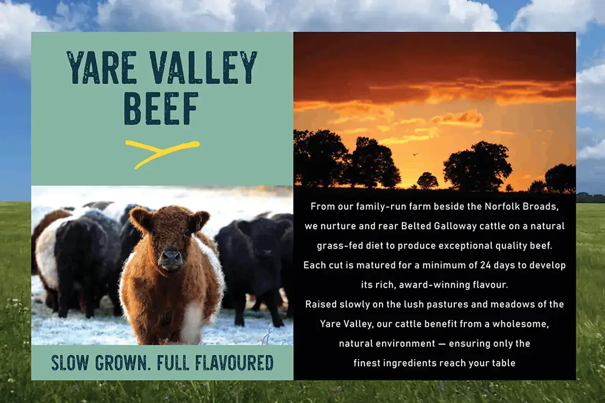 Yare Valley Beef poster featuring Belted Galloway cattle, Norfolk pasture and slow grown full flavoured beef messaging